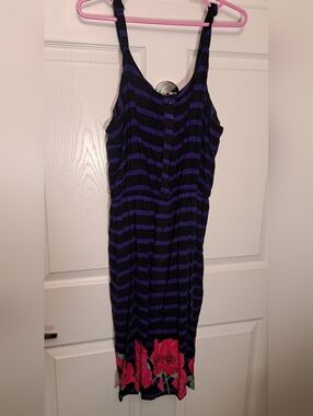 Penningtons Size X 14/16 Plus Mid Size Striped Purple Black Floral Hem Sundress